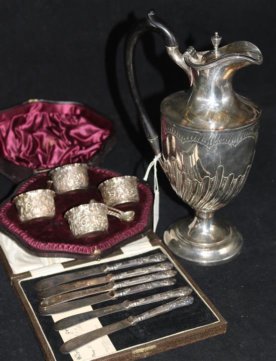 A cased silver salts, plated coffee pot & silver handled knives